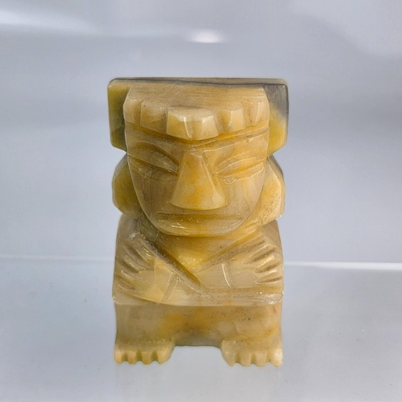 Other - Vintage Mexican Onyx Carved Aztec Mayan Seated Figure Statue Green Banded Stone